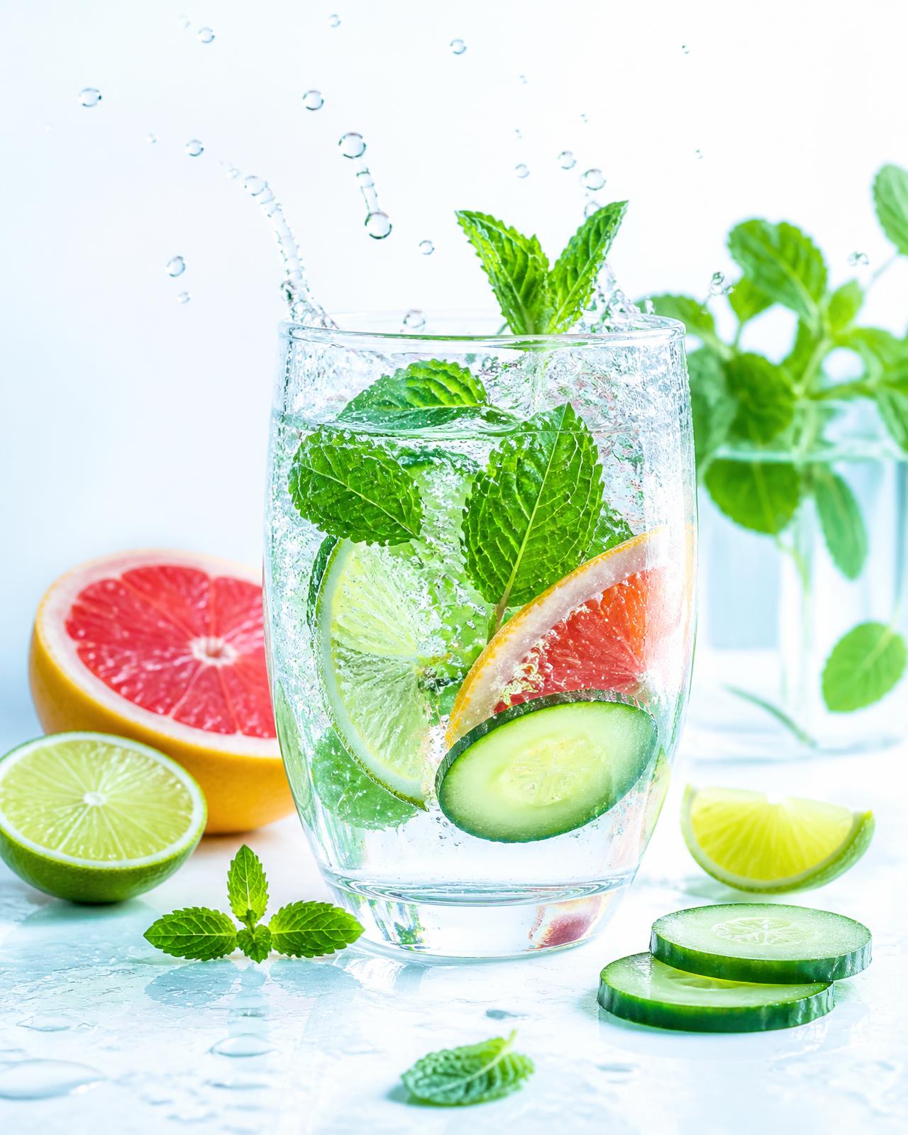 Verre d’eau pétillante avec menthe fraîche, citron vert et pamplemousse dans une lumière matinale